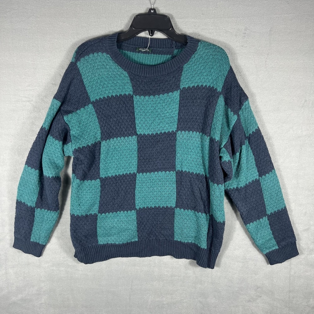 Wild Fable Women's M Teal Blue Checkerboard Knit Pullover Sweater‎ Long Sleeve